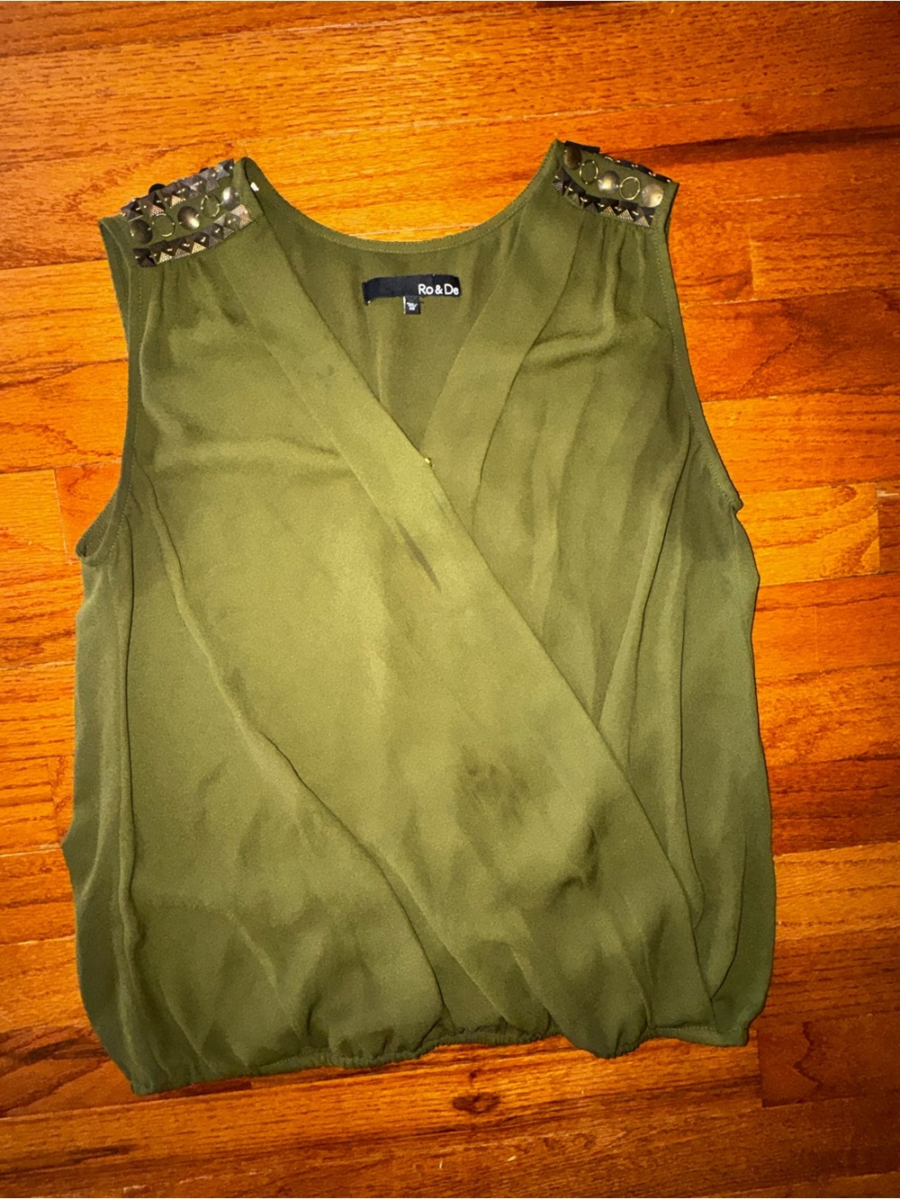 Ro & De Olive Green Sleeveless Wrap Blouse with Studded Shoulders
